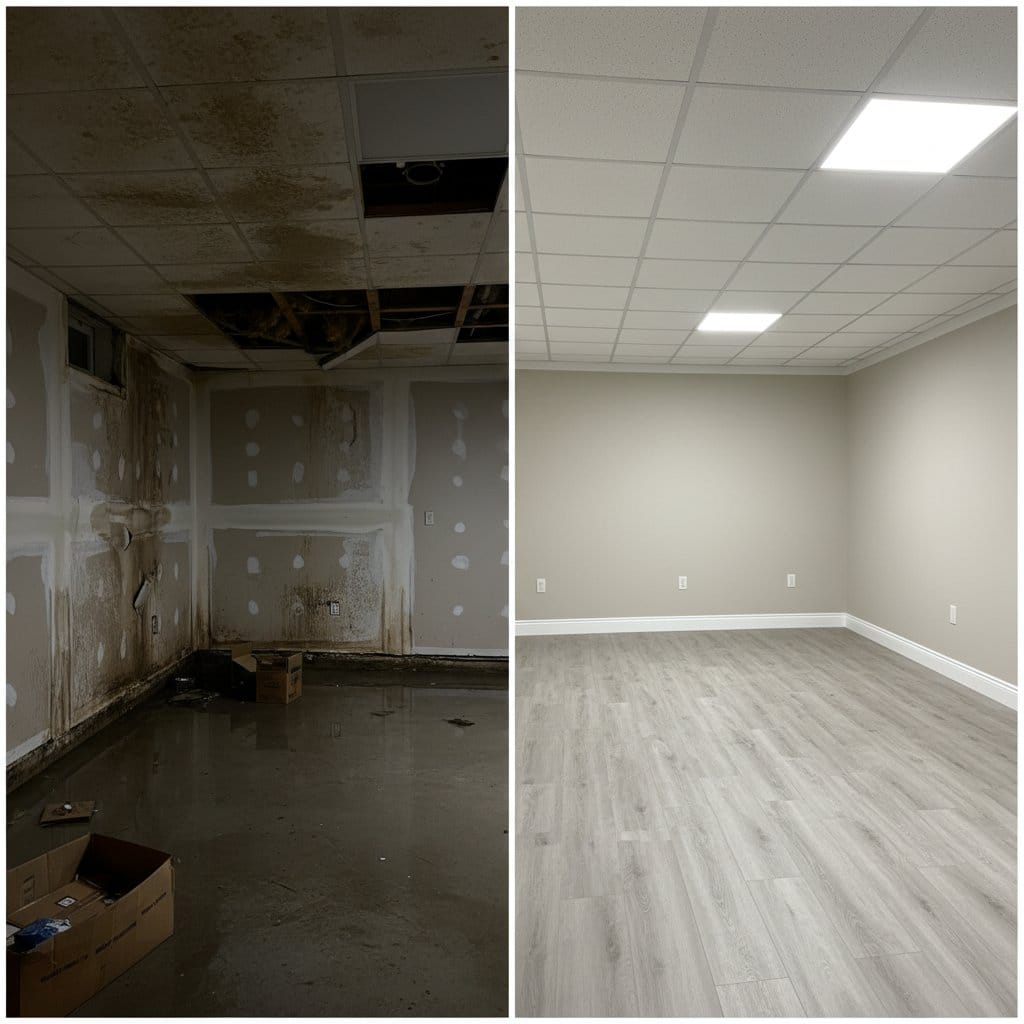 Water Damage Restoration before and after in residential basement, Teaneck NJ