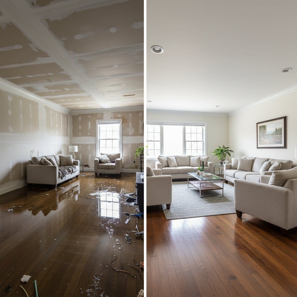 Emergency Water Removal before and after in living room, Teaneck NJ