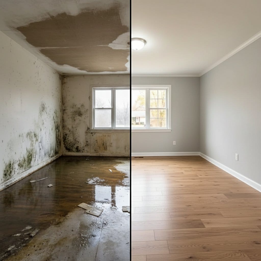 Before and after emergency water removal in Teaneck two-story residence bedroom