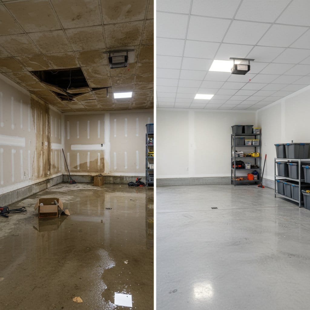 Basement Flood Cleanup before and after in garage, Teaneck NJ