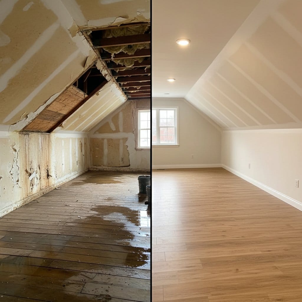 Before and after basement flood cleanup in Teaneck commercial property attic space