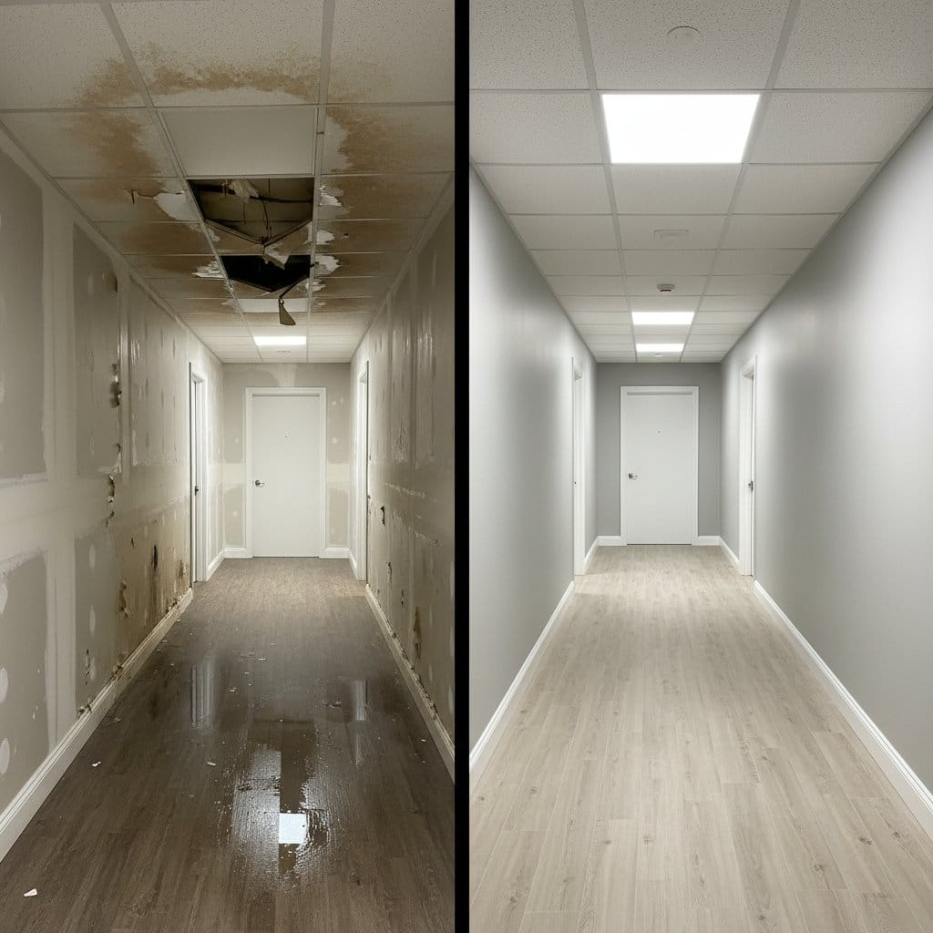 Burst Pipe & Plumbing Leak Damage before and after in hallway, Teaneck NJ