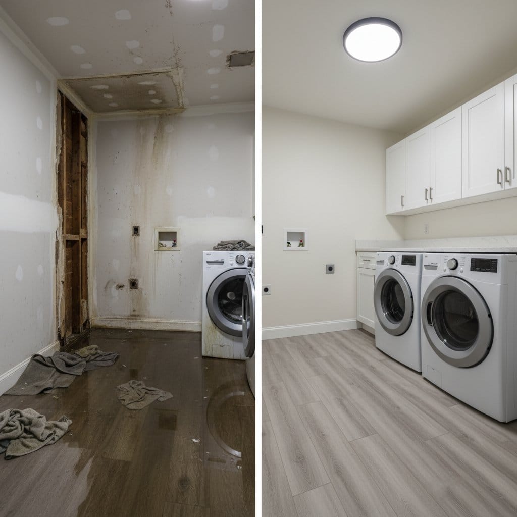 Burst Pipe & Plumbing Leak Damage restoration β laundry room of contemporary home in Teaneck, NJ