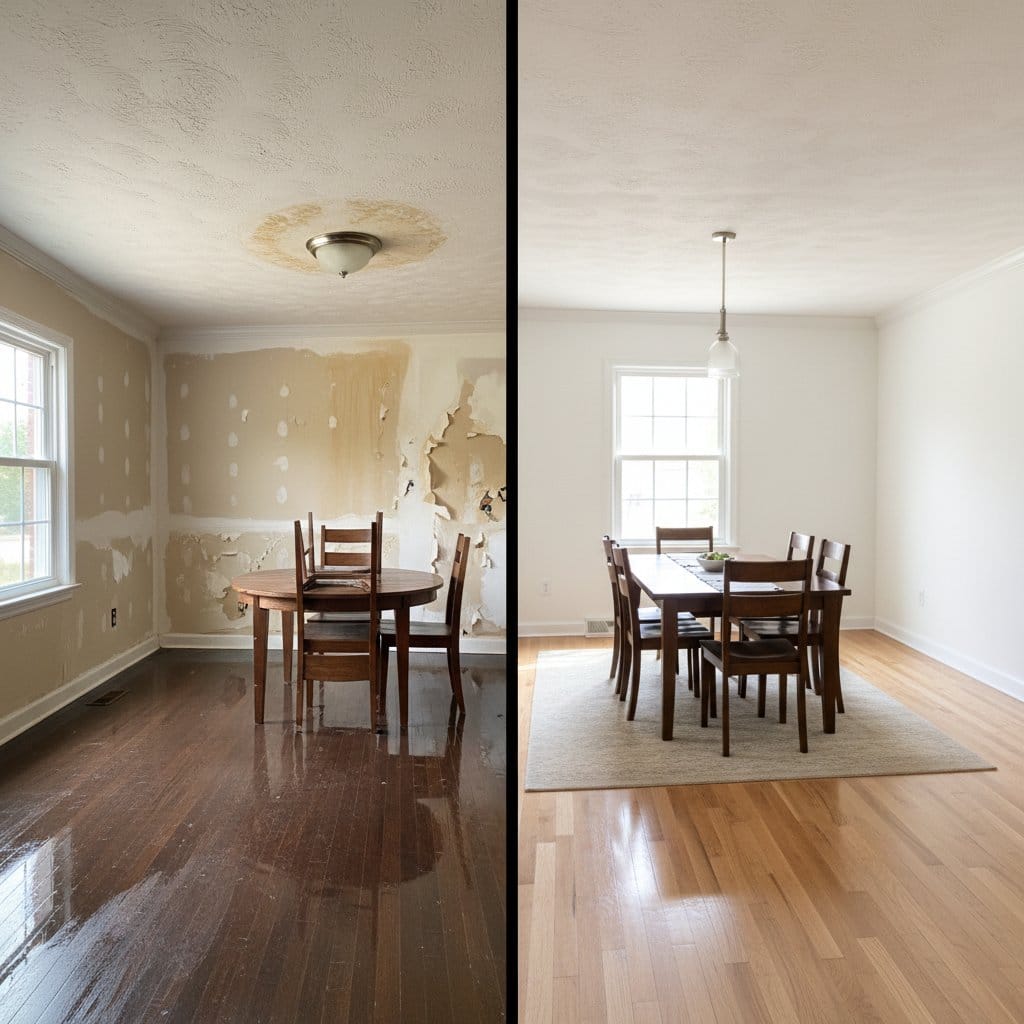 Before and after burst pipe & plumbing leak damage in Teaneck bungalow dining room