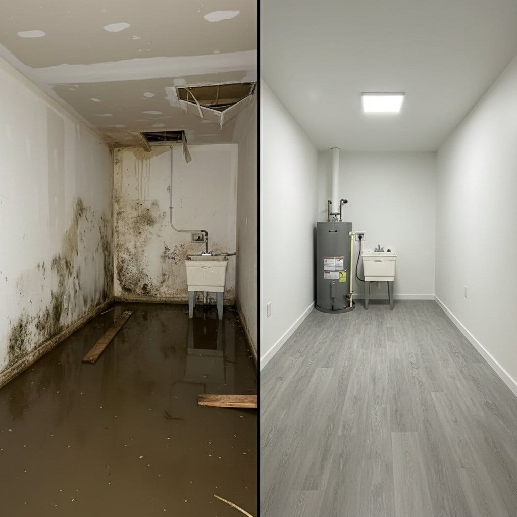 Storm & Roof Leak Water Damage restoration — utility room of split-level home in Teaneck, NJ