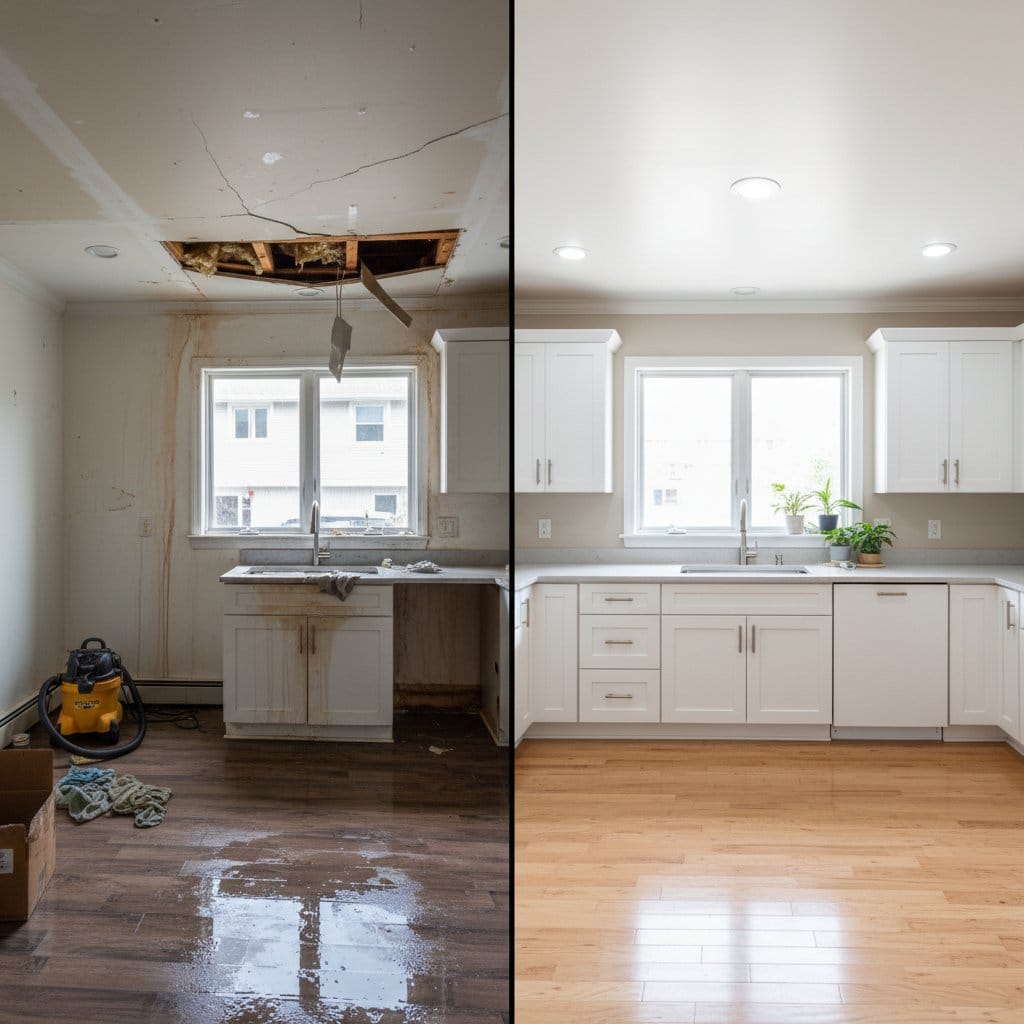 Sewage Backup Cleanup restoration โ home kitchen of two-story residence in Teaneck, NJ