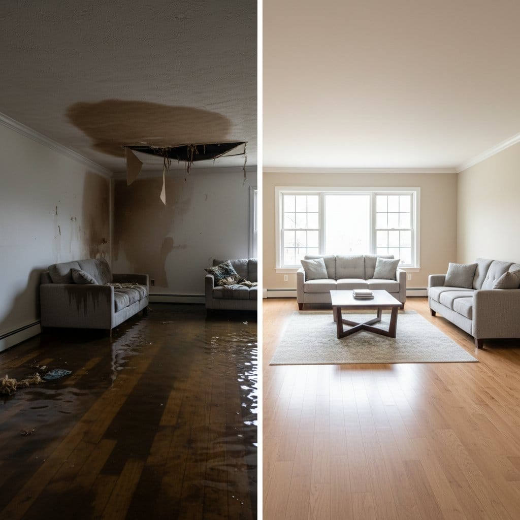 Structural Drying & Dehumidification before and after in living room, Teaneck NJ