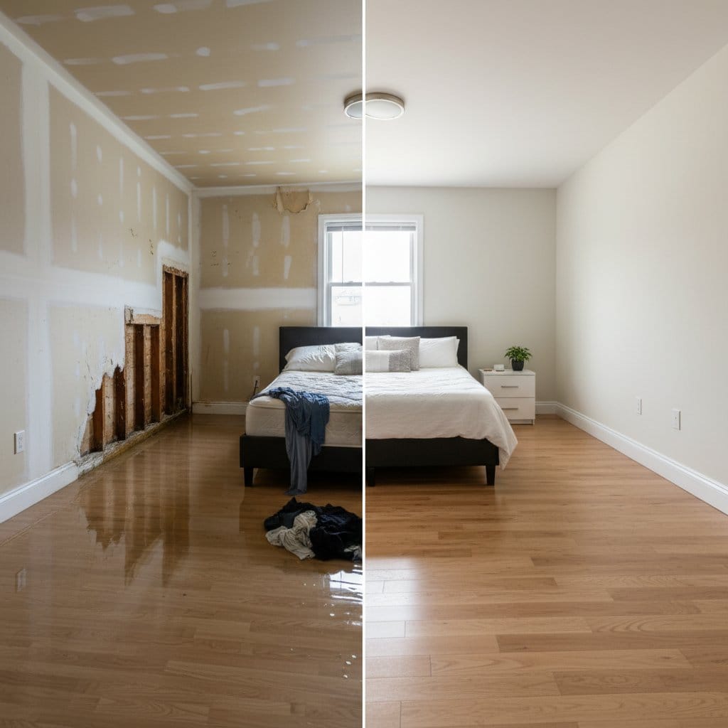 Before and after structural drying & dehumidification in Teaneck bi-level home bedroom