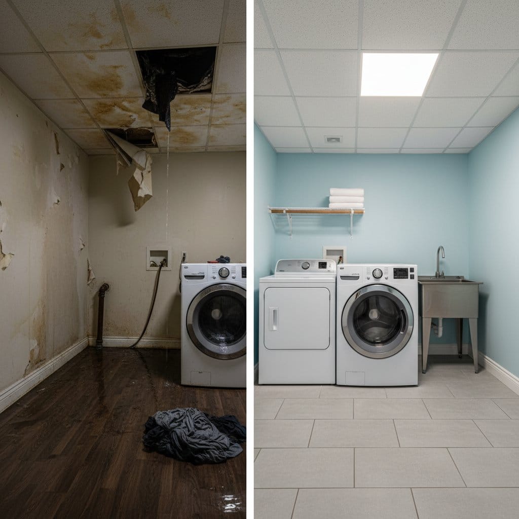 Wall & Ceiling Dry-Out restoration — laundry room of Cape Cod house in Teaneck, NJ