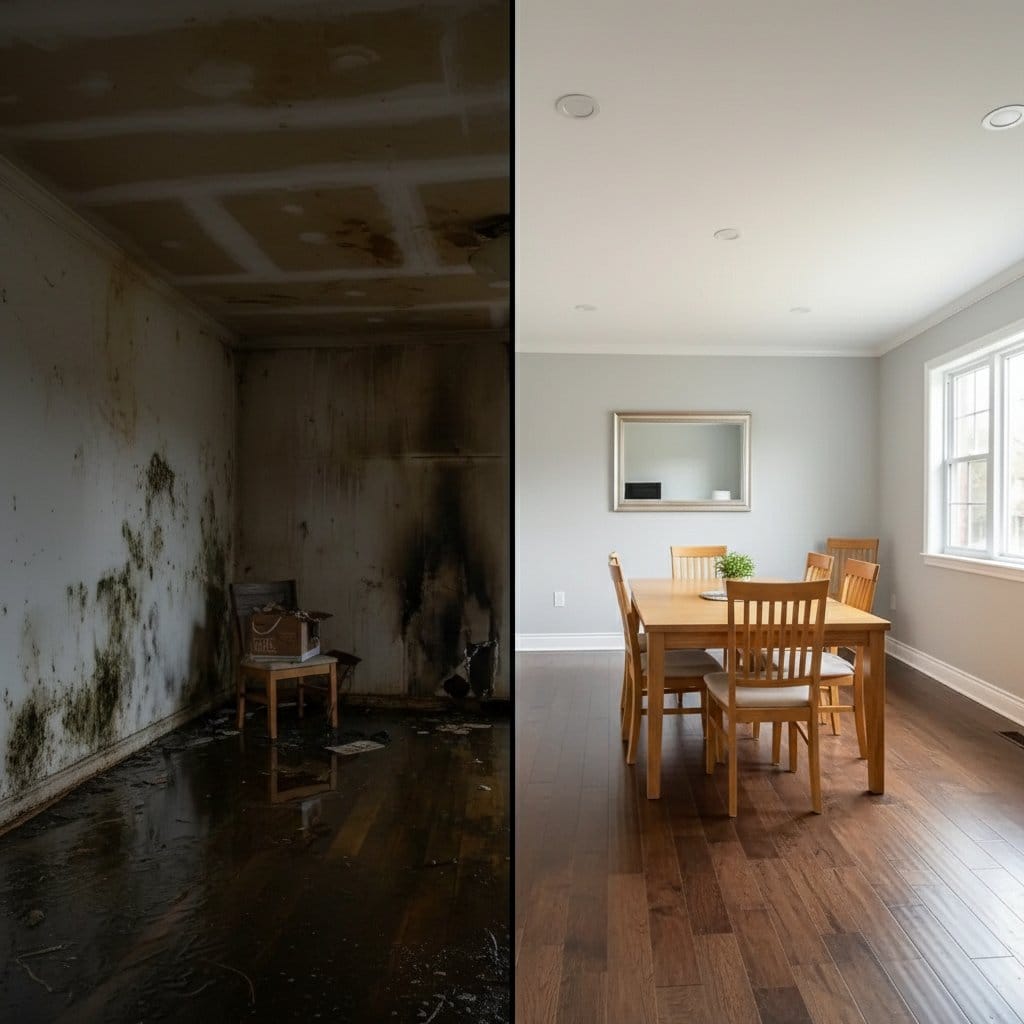 Before and after wall & ceiling dry-out in Teaneck ranch-style home dining room