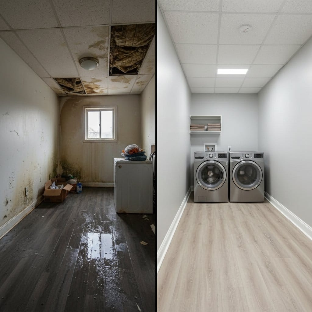 Content Drying & Property Cleanup restoration — utility room of private residence in Teaneck, NJ