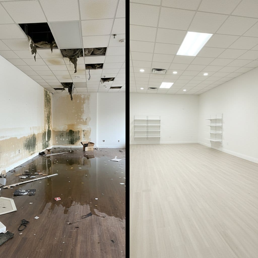 Before and after content drying & property cleanup in Teaneck townhouse storefront interior