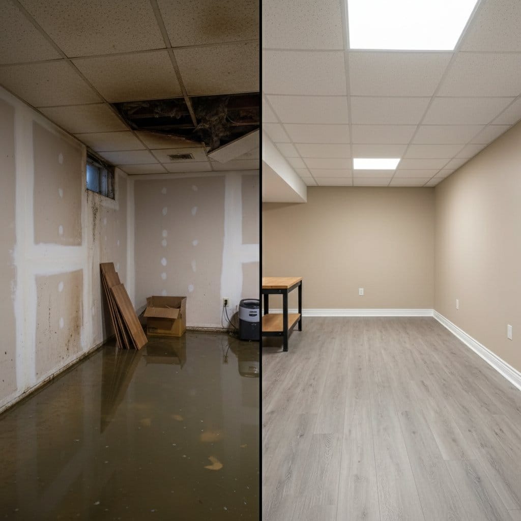 Mold Prevention After Water Damage before and after in residential basement, Teaneck NJ