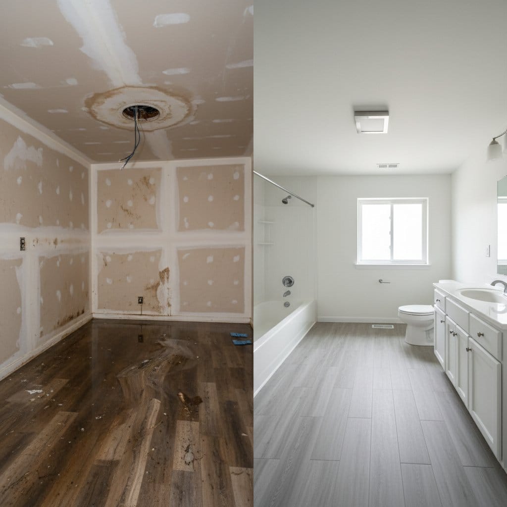 Before and after mold prevention after water damage in Teaneck Victorian home bathroom