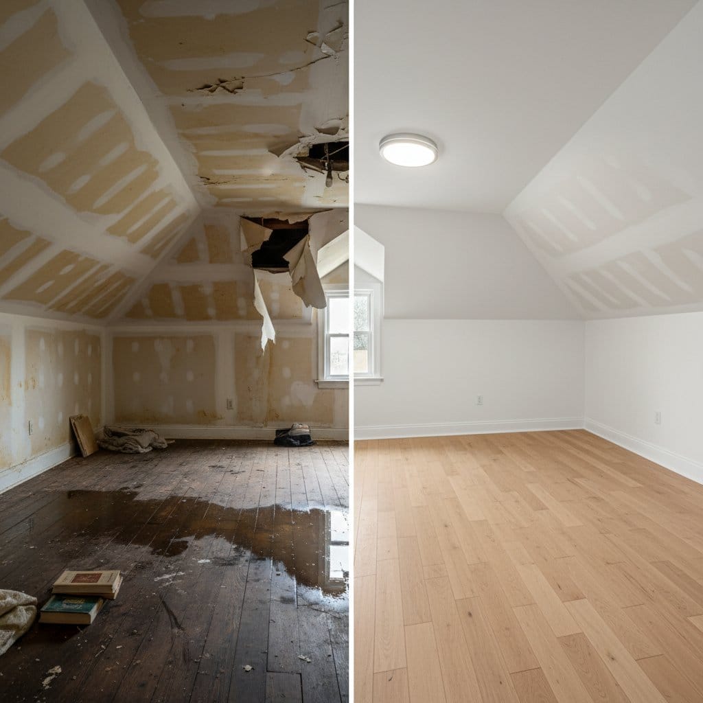 Teaneck Water Damage Restoration attic space restoration before and after in Teaneck